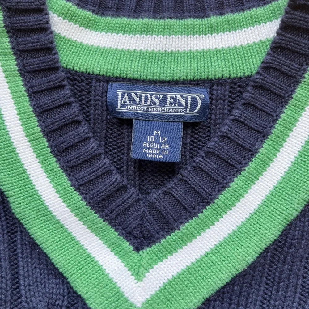 Lands' End Varsity Cable Knit V-Neck Sweater Women Medium Navy Green Tennis Prep